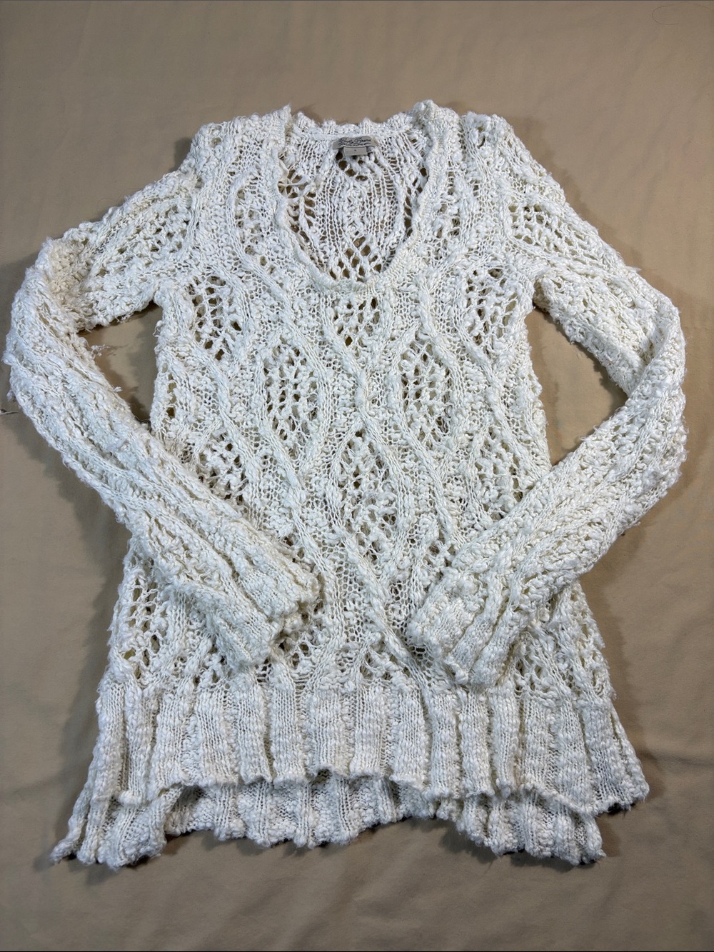 Lucky Brand Women's Open Knit Crochet Cable Pullover Sweater Cream Small